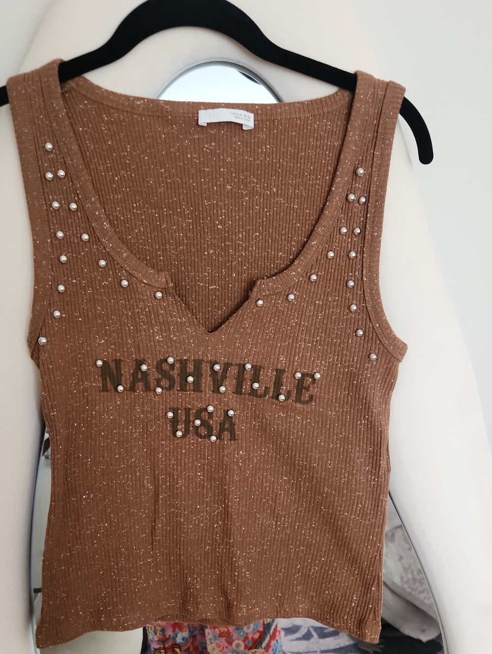 Nashville USA Studded Ribbed Tank Top - Brown